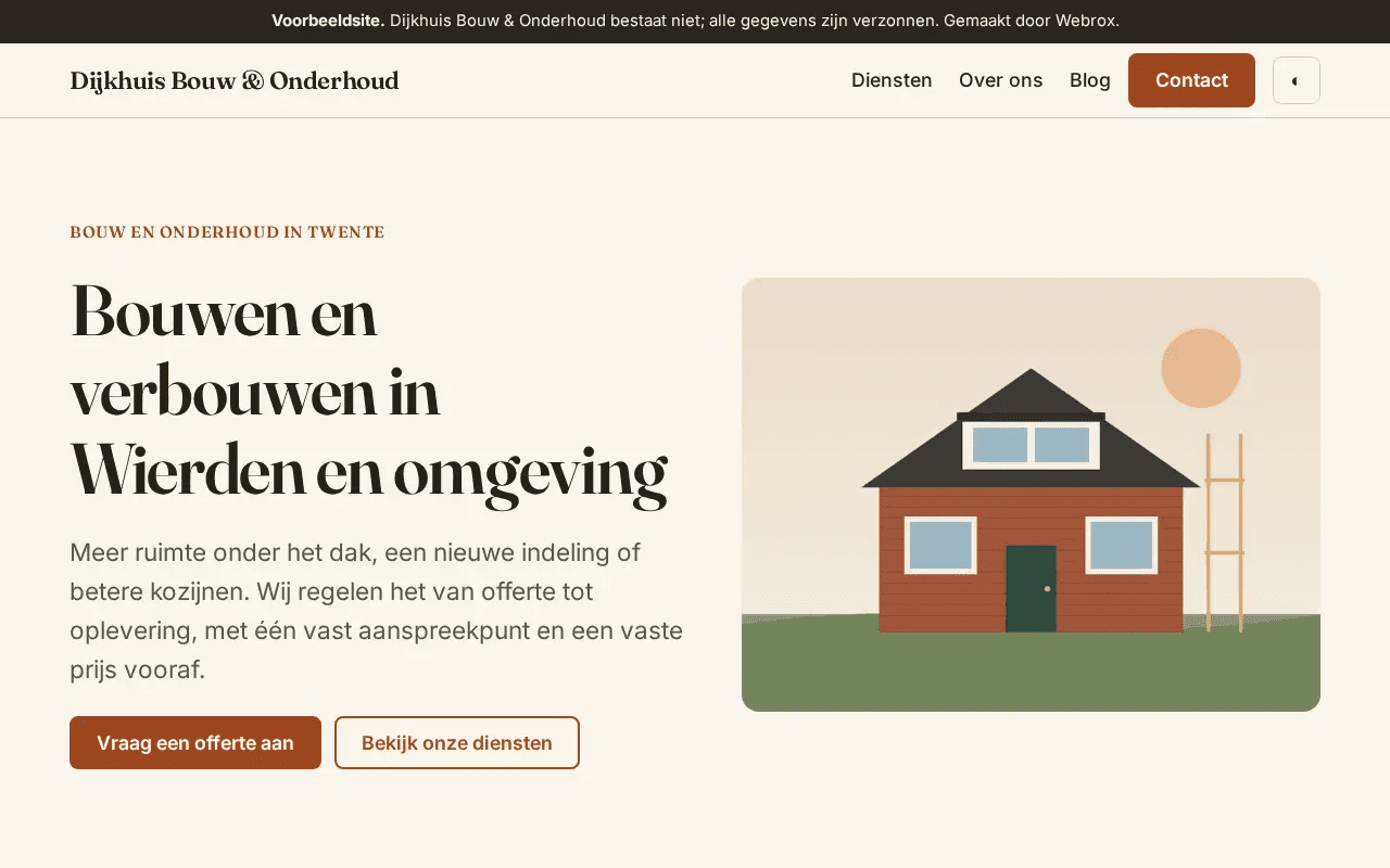 Homepage van de voorbeeldsite Dijkhuis Bouw & Onderhoud in de stijl Ambacht