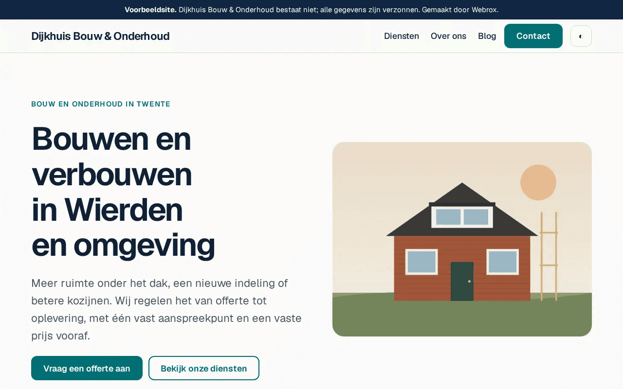 Homepage van de voorbeeldsite Dijkhuis Bouw & Onderhoud in de stijl Helder
