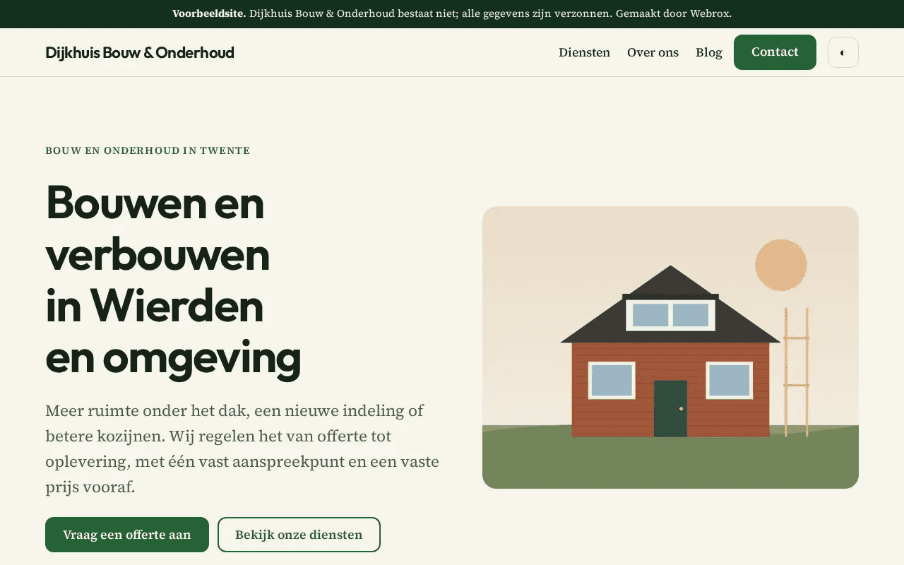 Homepage van de voorbeeldsite Dijkhuis Bouw & Onderhoud in de stijl Natuur